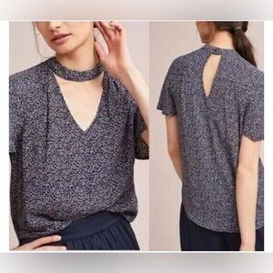 EUC Maeve Bella Blue Ditsy Dots Flutter Sleeve Choker Blouse